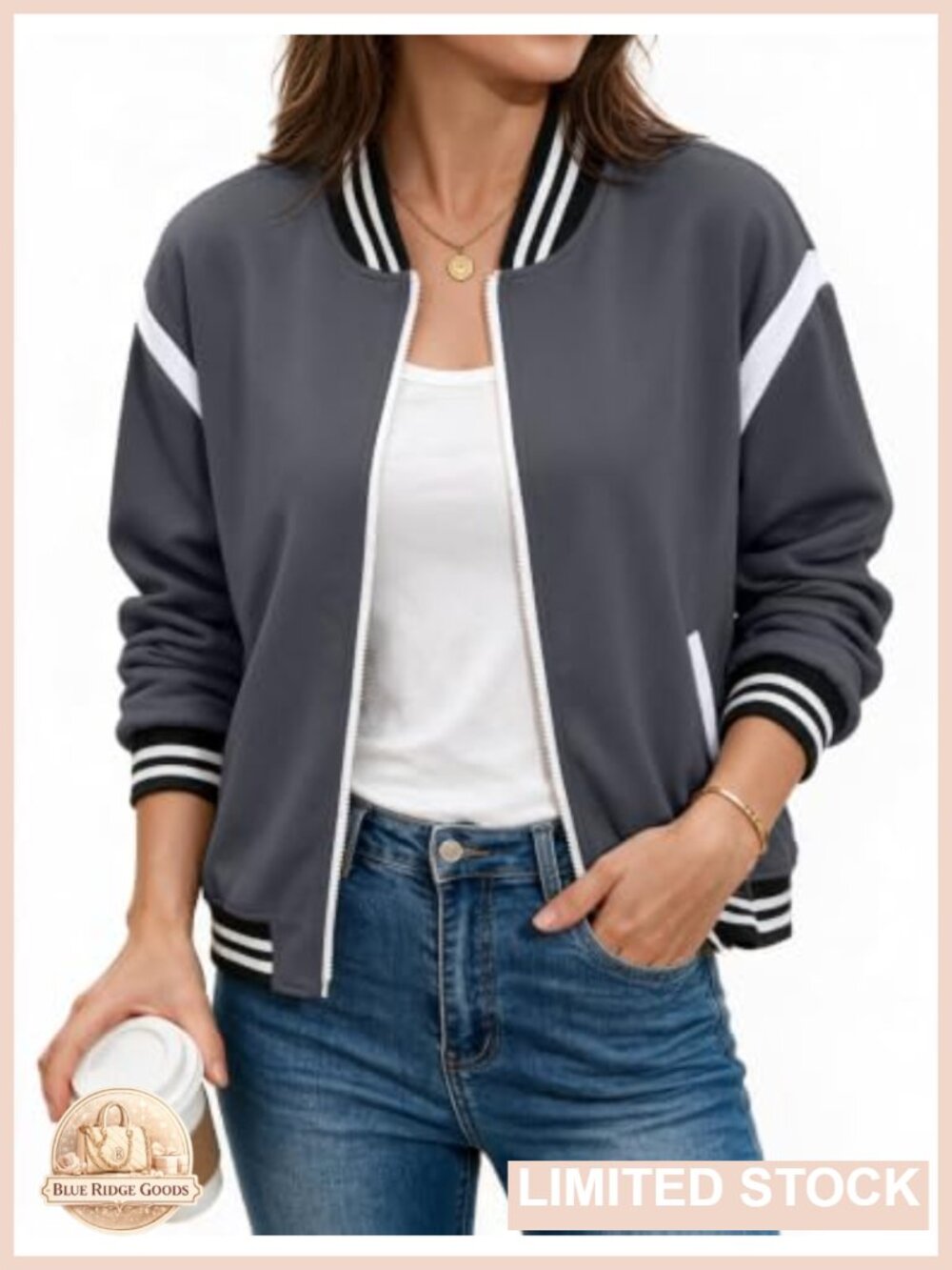 Cropped Bomber Jacket Zip Up Varsity Casual Coat Long Sleeve